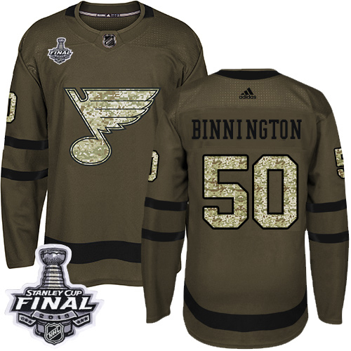 Adidas Blues #50 Jordan Binnington Green Salute to Service 2019 Stanley Cup Final Stitched NHL Jersey