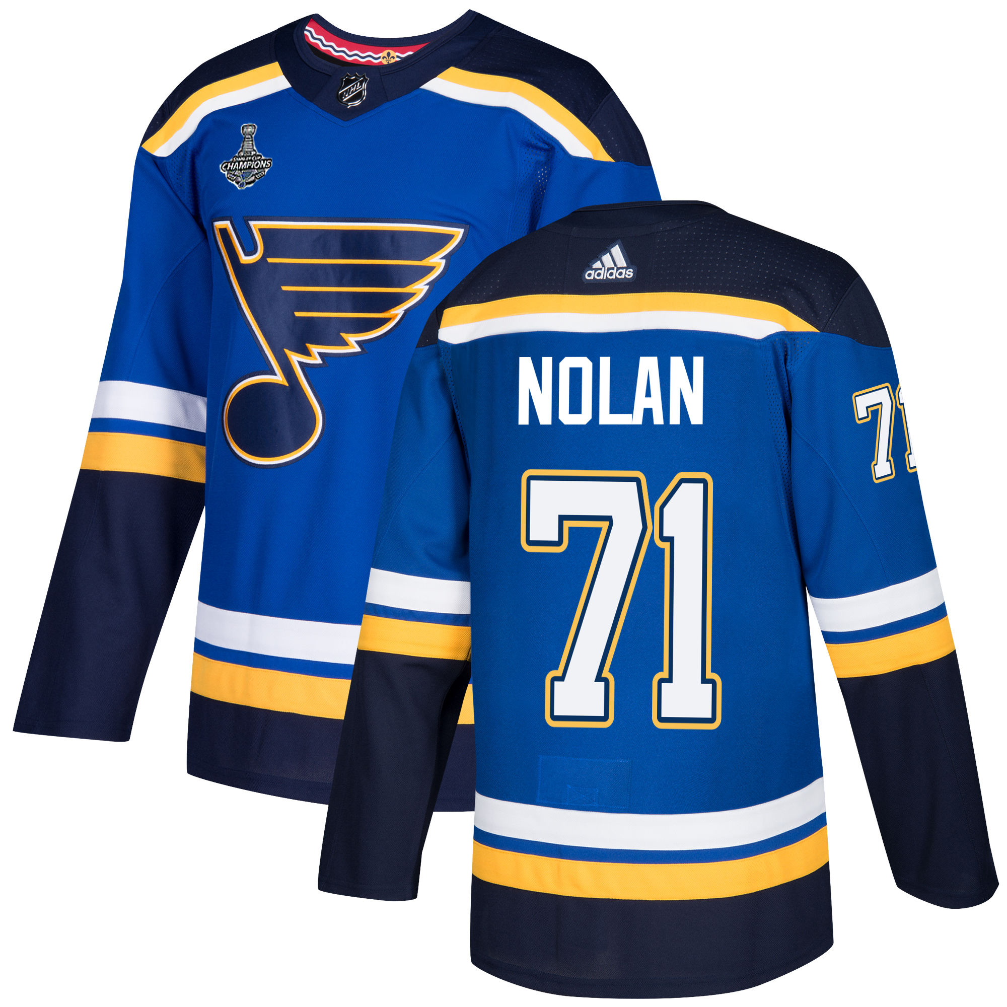 Adidas Blues #71 Jordan Nolan Blue Home Authentic 2019 Stanley Cup Champions Stitched NHL Jersey