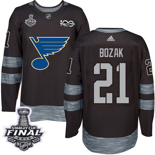 Adidas Blues #21 Tyler Bozak Black 1917-2017 100th Anniversary 2019 Stanley Cup Final Stitched NHL Jersey