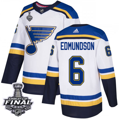 Adidas Blues #6 Joel Edmundson White Road Authentic 2019 Stanley Cup Final Stitched NHL Jersey