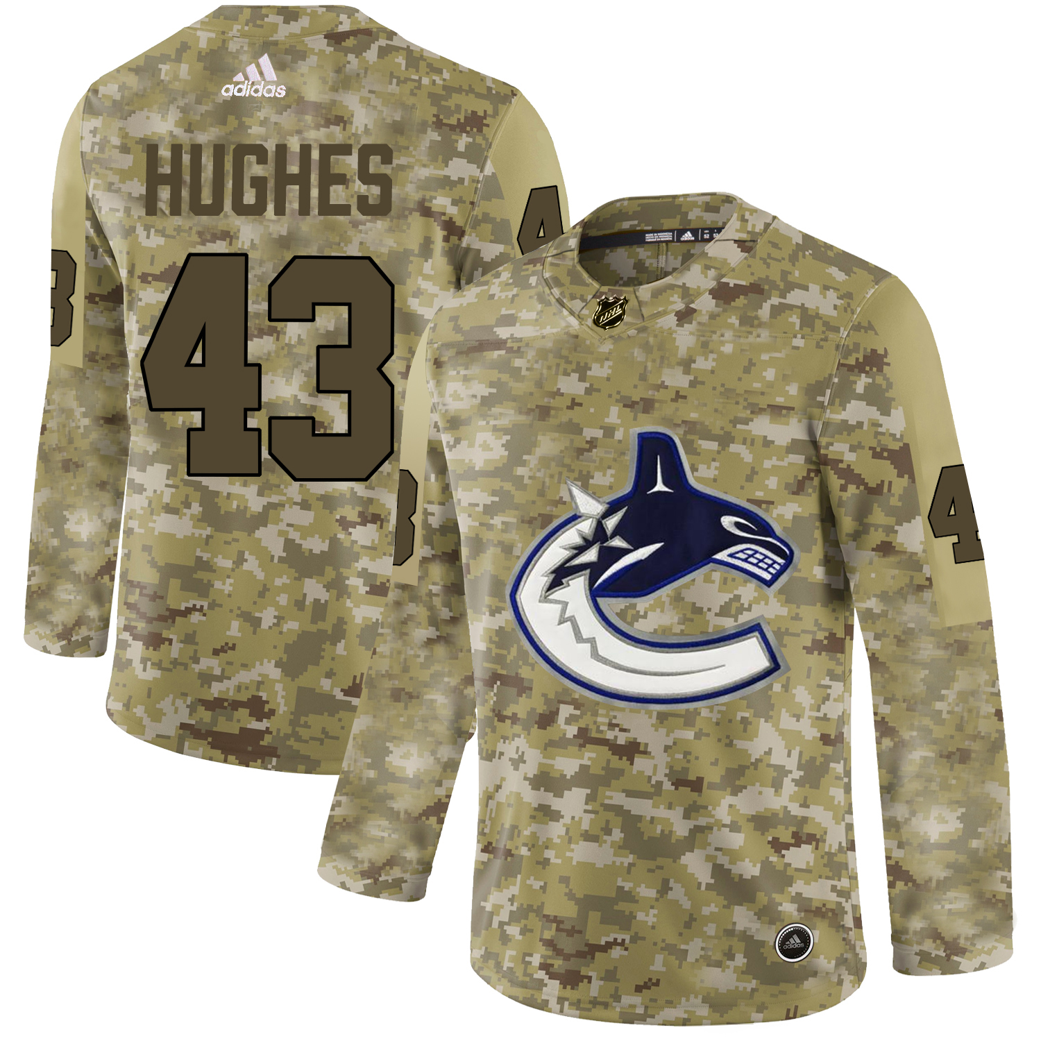 Adidas Canucks #43 Quinn Hughes Camo Authentic Stitched NHL Jersey