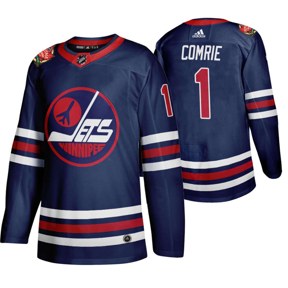 Winnipeg Jets #1 Eric Comrie Men's 2019-20 Heritage Classic Wha Navy Stitched NHL Jersey