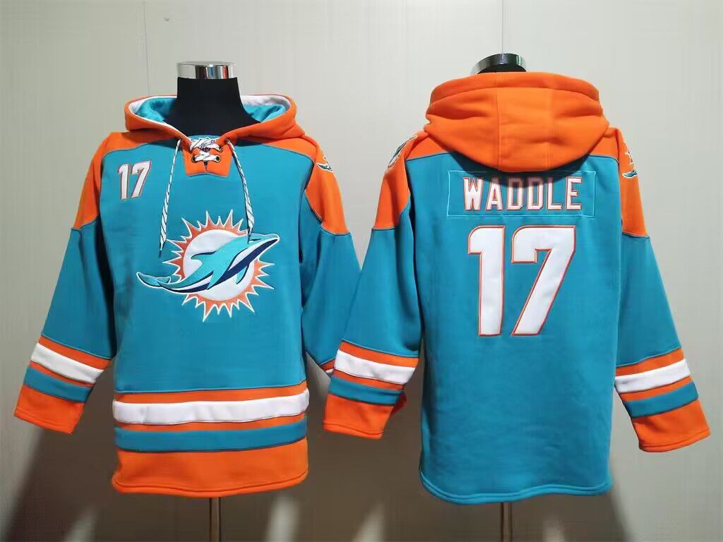 Men's Miami Dolphins #17 Jaylen Waddle Aqua Lace-Up Pullover Hoodie