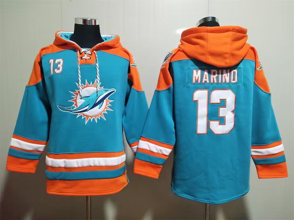 Men's Miami Dolphins #13 Dan Marino Aqua Lace-Up Pullover Hoodie