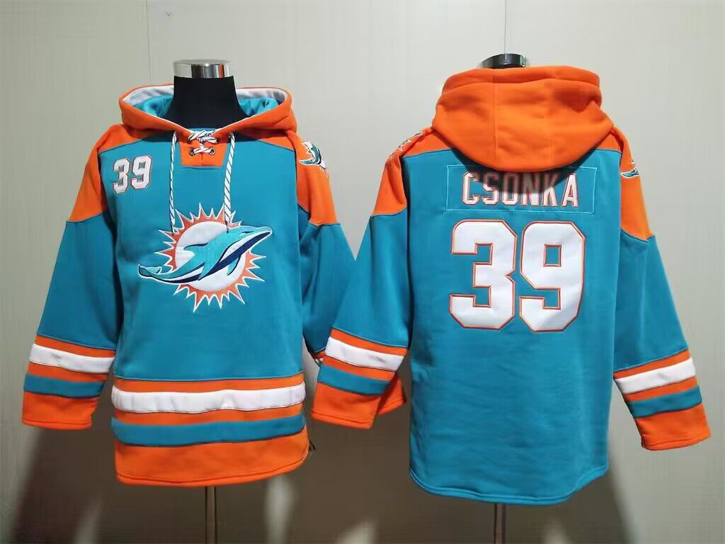 Men's Miami Dolphins #39 Larry Csonka Aqua Lace-Up Pullover Hoodie