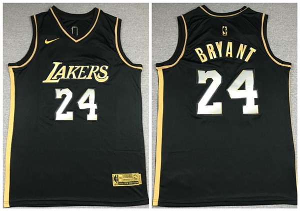 Men's Los Angeles Lakers #24 Kobe Bryant Black Gold Edition 2020-21 New Blue Silver Logo Stitched NBA Jersey