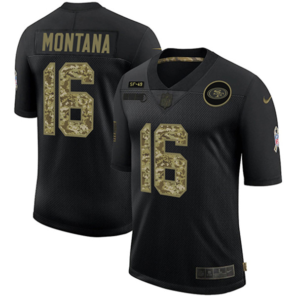 Men's San Francisco 49ers #16 Joe Montana 2020 Black NFL Camo Salute To Service Limited Stitched Jersey