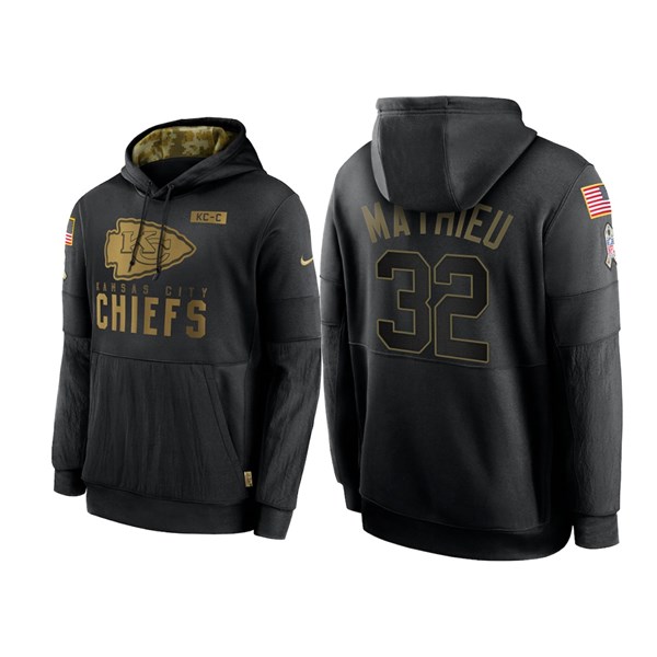 Men's Kansas City Chiefs Black #32 Tyrann Mathieu NFL 2020 Salute To Service Sideline Performance Pullover Hoodie