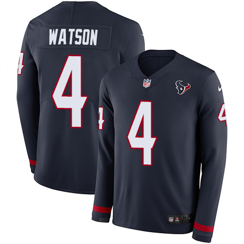 Nike Texans #4 Deshaun Watson Navy Blue Team Color Men's Stitched NFL Limited Therma Long Sleeve Jersey