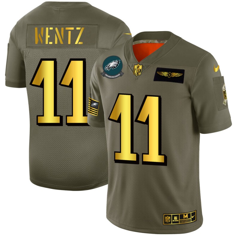 Philadelphia Eagles #11 Carson Wentz NFL Men's Nike Olive Gold 2019 Salute to Service Limited Jersey