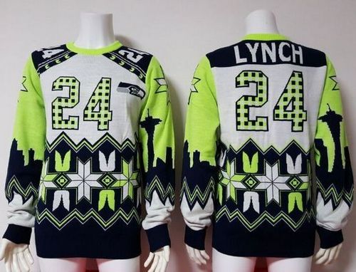 Nike Seahawks #24 Marshawn Lynch White Men's Ugly Sweater