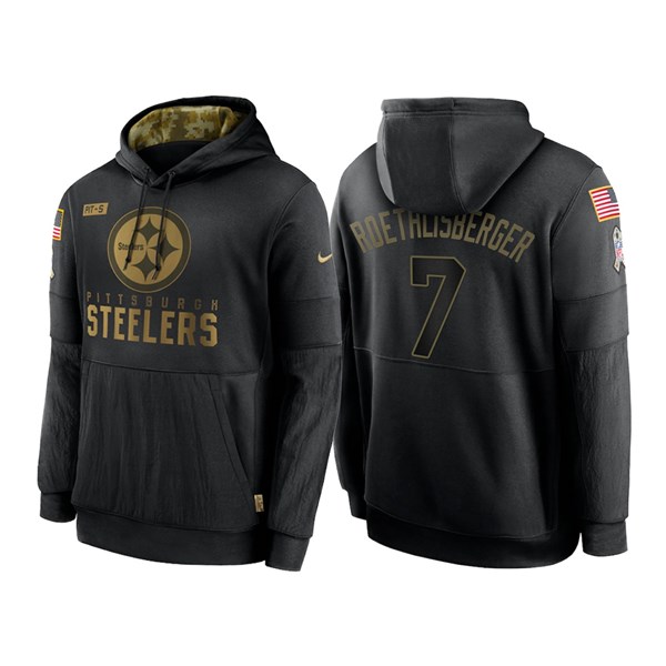 Men's Pittsburgh Steelers Black #7 Ben Roethlisberger NFL 2020 Salute To Service Sideline Performance Pullover Hoodie