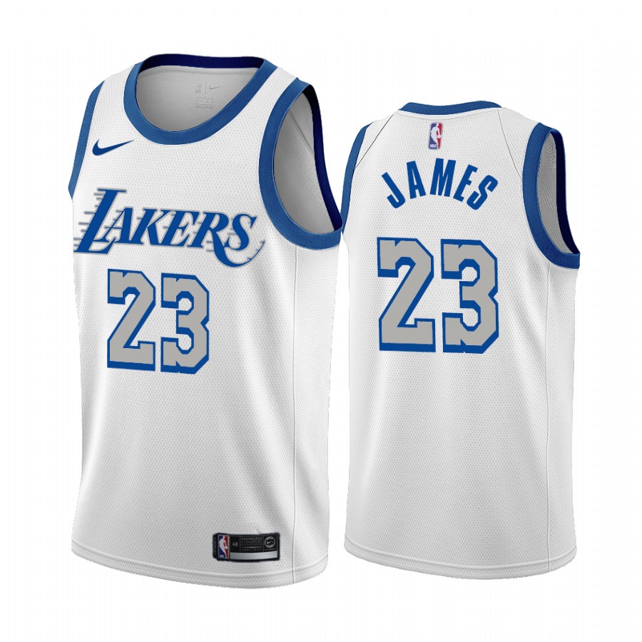 Men's Los Angeles Lakers #23 LeBron James White City Edition New Blue Silver Logo 2020-21 Stitched Jersey