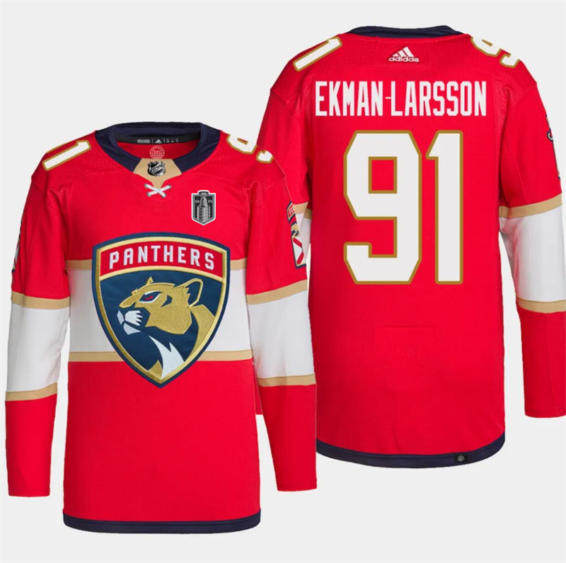 Men's Florida Panthers #91 Oliver Ekman-Larsson Red 2024 Stanley Cup Final Patch Stitched Jersey