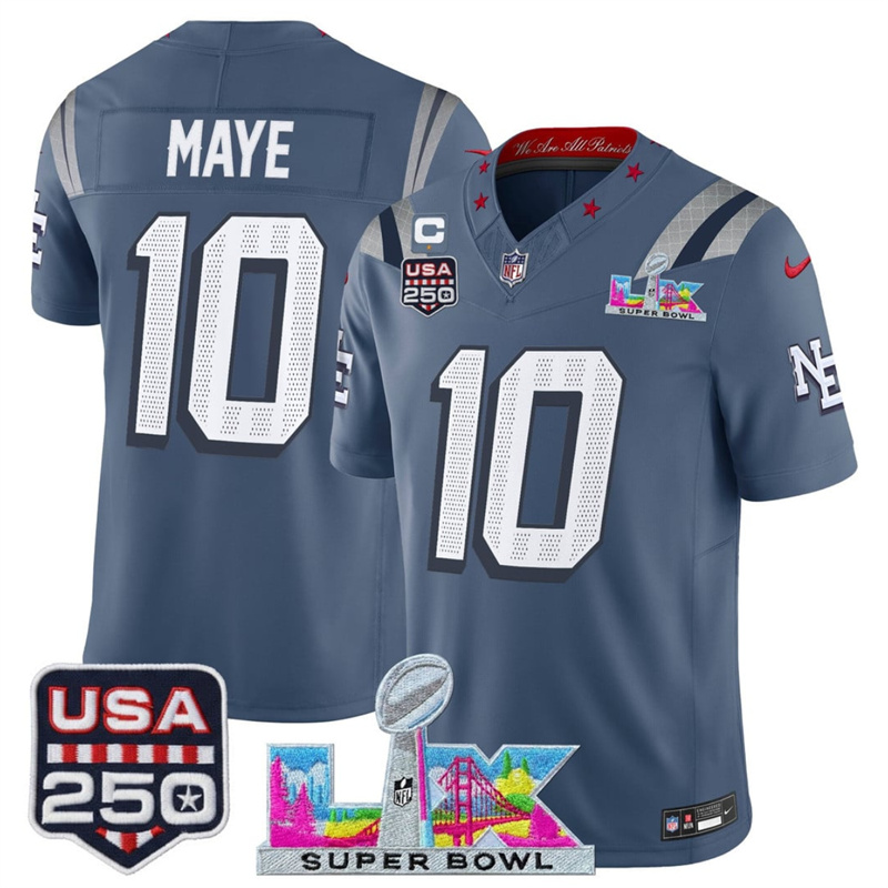 Youth New England Patriots #10 Drake Maye Storm Blue 2025 F.U.S.E. 1-Star C Patch And Super Bowl LX Patch & USA 250' Patch “Rivalries” Vapor Limited Stitched Football Jersey