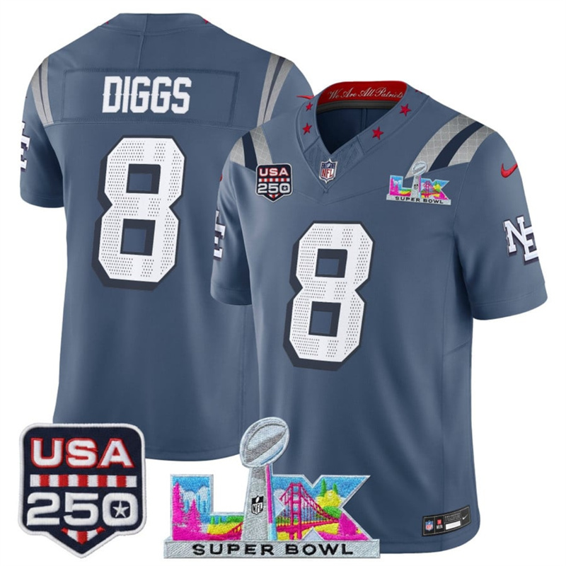 Youth New England Patriots #8 Stefon Diggs Storm Blue 2025 F.U.S.E. Super Bowl LX & USA 250' Patch “Rivalries” Vapor Limited Stitched Football Jersey