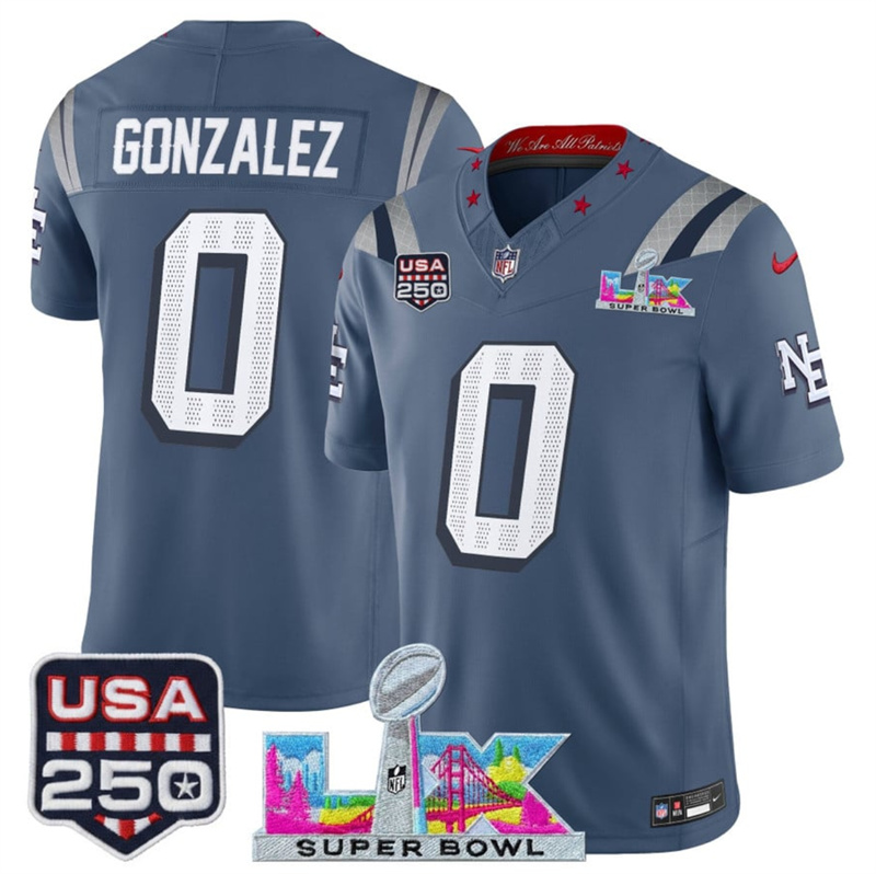 Youth New England Patriots #0 Christian Gonzalez Storm Blue 2025 F.U.S.E. Super Bowl LX & USA 250' Patch “Rivalries” Vapor Limited Stitched Football Jersey