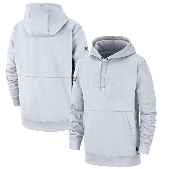 Men's Detroit Lions White 2019 100th Season Sideline Platinum Therma Pullover Hoodie