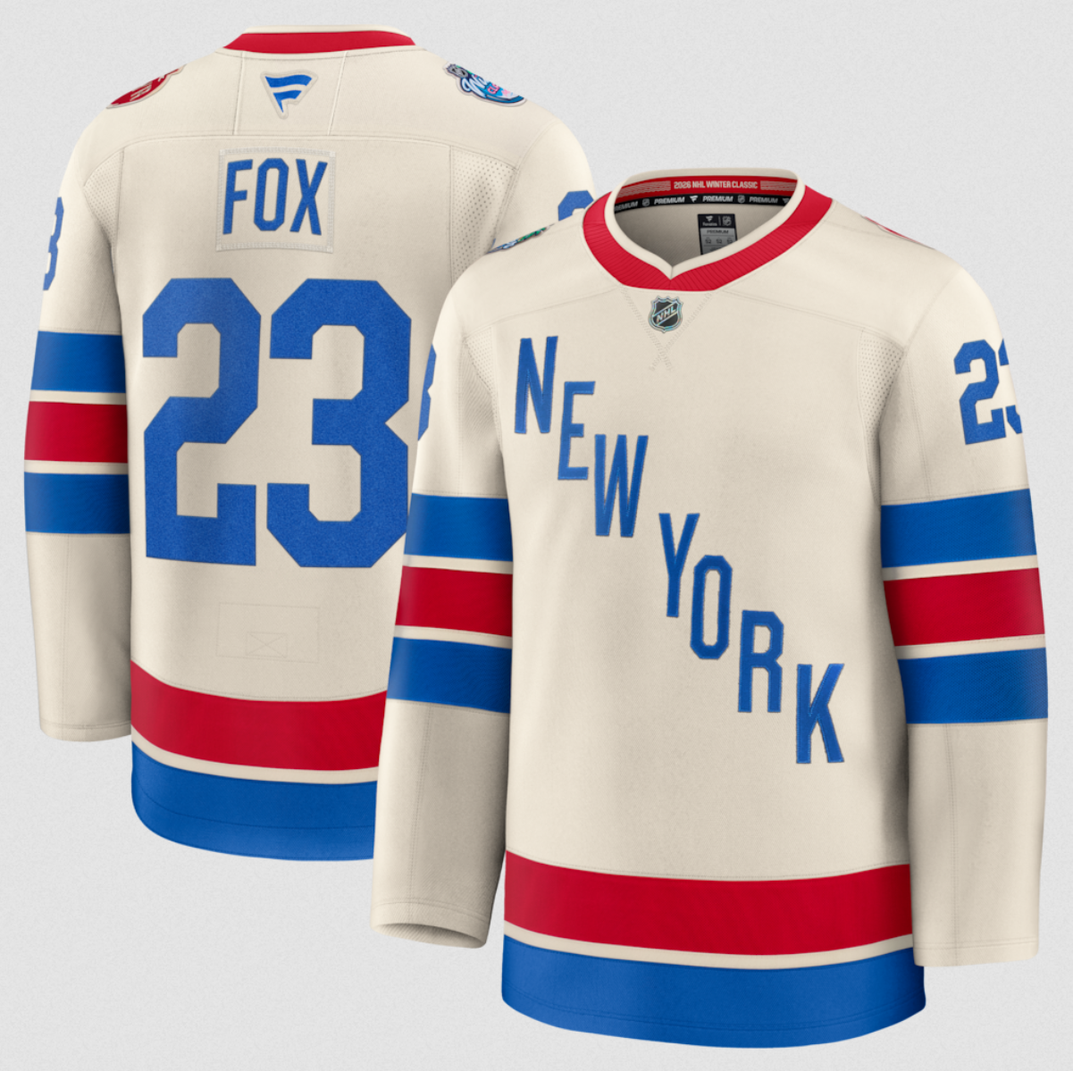 Men's New York Rangers #23 Adam Fox Beige 2026 Winter Classic Stitched Hockey Jersey