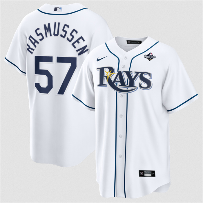 Men's Tampa Bay Rays #57 Drew Rasmussen White 2026 World Series Home Cool Base Stitched Baseball Jersey