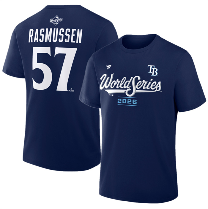 Men's Tampa Bay Rays #57 Drew Rasmussen Navy 2026 World Series Name & Number T-Shirt