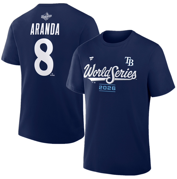Men's Tampa Bay Rays #8 Jonathan Aranda Navy 2026 World Series Name & Number T-Shirt