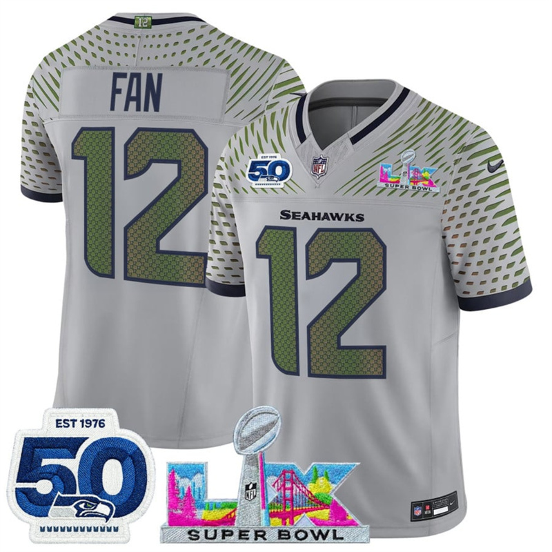 Youth Seattle Seahawks #12 Fan Gray 2025 F.U.S.E. Super Bowl LX & US 250th anniversary Patch And 50th Season Patch “Rivalries” Vapor Limited Stitched Football Jersey