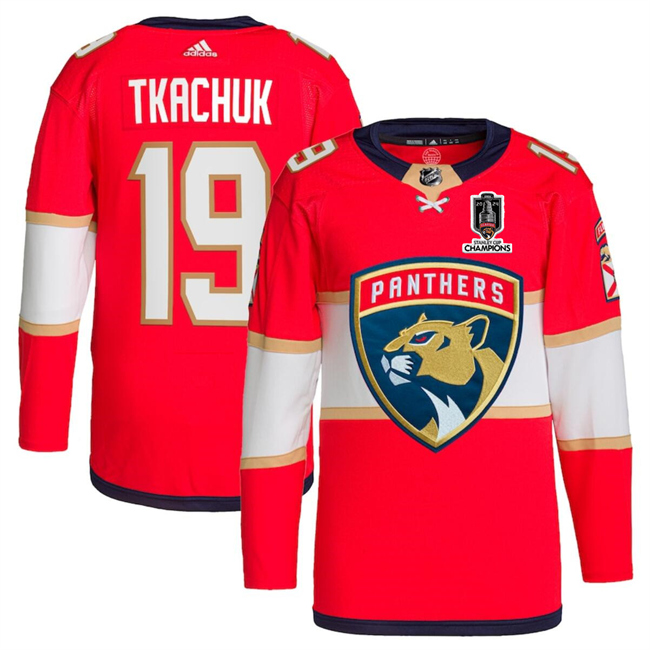 Men's Florida Panthers #19 Matthew Tkachuk Red Home 2024 Stanley Cup Champions Stitched Jersey