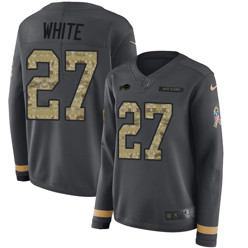 Nike Bills #27 Tre'Davious White Anthracite Salute to Service Women's Stitched NFL Limited Therma Long Sleeve Jersey Nike Bills #27 Tre'Davious White Anthracite Salute to Service Women's Stitched NFL Limited Therma Long Sleeve Jersey