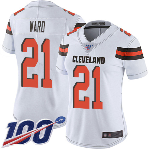 Nike Browns #21 Denzel Ward White Women's Stitched NFL 100th Season Vapor Limited Jersey