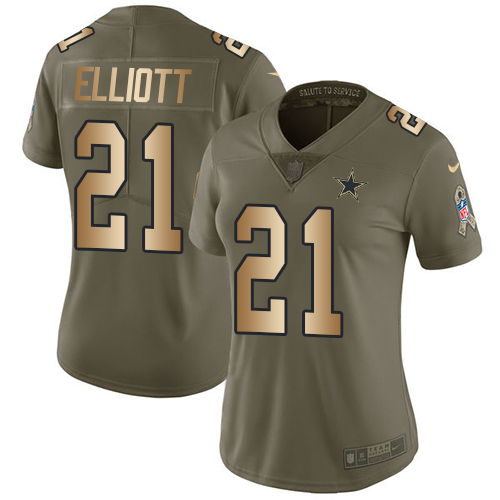 Nike Cowboys #21 Ezekiel Elliott Olive/Gold Women's Stitched NFL Limited 2017 Salute to Service Jersey