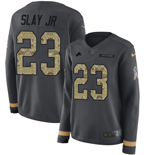 Nike Lions #23 Darius Slay Jr Anthracite Salute to Service Women's Stitched NFL Limited Therma Long Sleeve Jersey Nike Lions #23 Darius Slay Jr Anthracite Salute to Service Women's Stitched NFL Limited Therma Long Sleeve Jersey