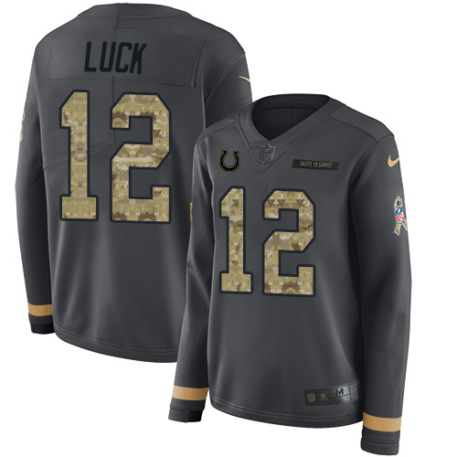 Nike Colts #12 Andrew Luck Anthracite Salute to Service Women's Stitched NFL Limited Therma Long Sleeve Jersey Nike Colts #12 Andrew Luck Anthracite Salute to Service Women's Stitched NFL Limited Therma Long Sleeve Jersey