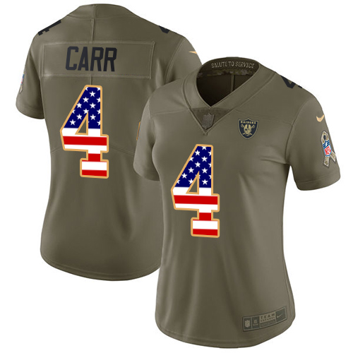 Nike Raiders #4 Derek Carr Olive/USA Flag Women's Stitched NFL Limited 2017 Salute to Service Jersey Nike Raiders #4 Derek Carr Olive/USA Flag Women's Stitched NFL Limited 2017 Salute to Service Jersey