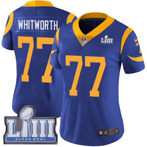 Nike Rams #77 Andrew Whitworth Royal Blue Alternate Super Bowl LIII Bound Women's Stitched NFL Vapor Untouchable Limited Jersey