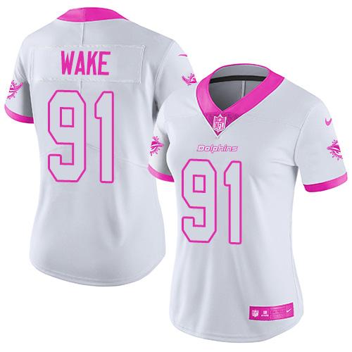 Nike Dolphins #91 Cameron Wake White/Pink Women's Stitched NFL Limited Rush Fashion Jersey