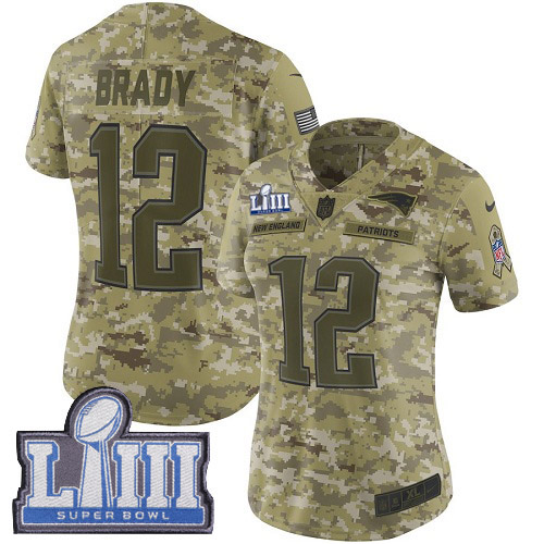 Nike Patriots #12 Tom Brady Camo Super Bowl LIII Bound Women's Stitched NFL Limited 2018 Salute to Service Jersey Nike Patriots #12 Tom Brady Camo Super Bowl LIII Bound Women's Stitched NFL Limited 2018 Salute to Service Jersey
