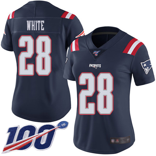 Nike Patriots #28 James White Navy Blue Women's Stitched NFL Limited Rush 100th Season Jersey Nike Patriots #28 James White Navy Blue Women's Stitched NFL Limited Rush 100th Season Jersey