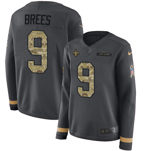 Nike Saints #9 Drew Brees Anthracite Salute to Service Women's Stitched NFL Limited Therma Long Sleeve Jersey Nike Saints #9 Drew Brees Anthracite Salute to Service Women's Stitched NFL Limited Therma Long Sleeve Jersey