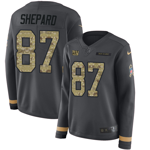 Nike Giants #87 Sterling Shepard Anthracite Salute to Service Women's Stitched NFL Limited Therma Long Sleeve Jersey Nike Giants #87 Sterling Shepard Anthracite Salute to Service Women's Stitched NFL Limited Therma Long Sleeve Jersey