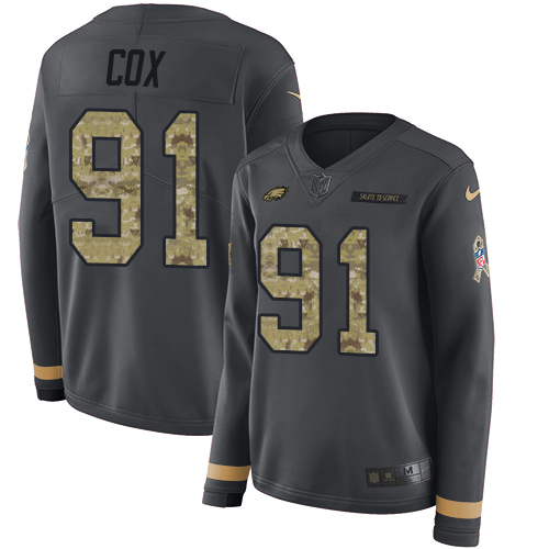 Nike Eagles #91 Fletcher Cox Anthracite Salute to Service Women's Stitched NFL Limited Therma Long Sleeve Jersey Nike Eagles #91 Fletcher Cox Anthracite Salute to Service Women's Stitched NFL Limited Therma Long Sleeve Jersey