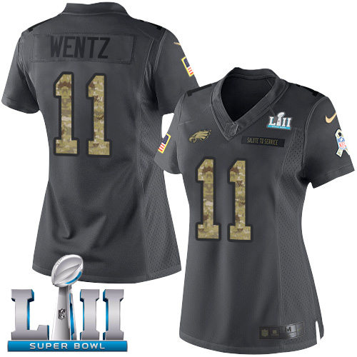 Nike Eagles #11 Carson Wentz Black Super Bowl LII Women's Stitched NFL Limited 2016 Salute to Service Jersey Nike Eagles #11 Carson Wentz Black Super Bowl LII Women's Stitched NFL Limited 2016 Salute to Service Jersey