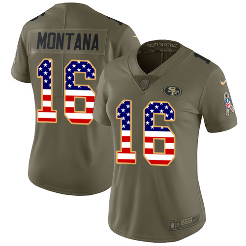 Nike 49ers #16 Joe Montana Olive/USA Flag Women's Stitched NFL Limited 2017 Salute to Service Jersey Nike 49ers #16 Joe Montana Olive/USA Flag Women's Stitched NFL Limited 2017 Salute to Service Jersey
