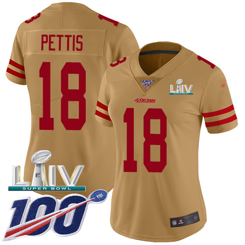 Nike 49ers #18 Dante Pettis Gold Super Bowl LIV 2020 Women's Stitched NFL Limited Inverted Legend 100th Season Jersey Nike 49ers #18 Dante Pettis Gold Super Bowl LIV 2020 Women's Stitched NFL Limited Inverted Legend 100th Season Jersey