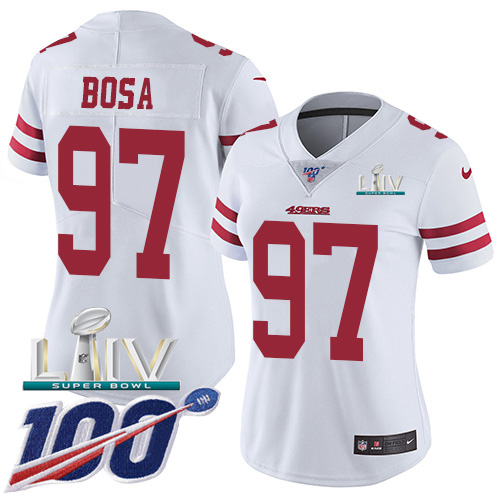 Nike 49ers #97 Nick Bosa White Super Bowl LIV 2020 Women's Stitched NFL 100th Season Vapor Limited Jersey Nike 49ers #97 Nick Bosa White Super Bowl LIV 2020 Women's Stitched NFL 100th Season Vapor Limited Jersey