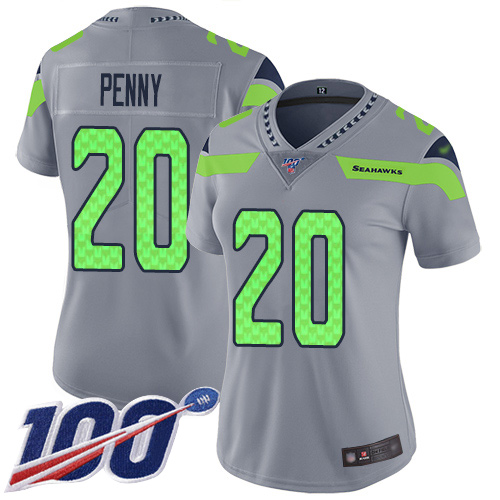 Nike Seahawks #20 Rashaad Penny Silver Women's Stitched NFL Limited Inverted Legend 100th Season Jersey Nike Seahawks #20 Rashaad Penny Silver Women's Stitched NFL Limited Inverted Legend 100th Season Jersey