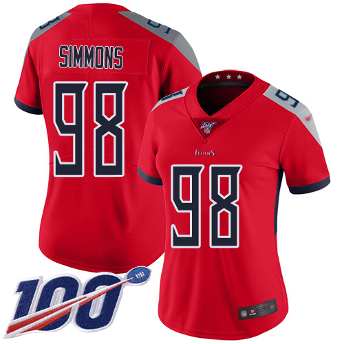 Nike Titans #98 Jeffery Simmons Red Women's Stitched NFL Limited Inverted Legend 100th Season Jersey Nike Titans #98 Jeffery Simmons Red Women's Stitched NFL Limited Inverted Legend 100th Season Jersey