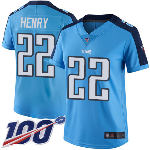 Nike Titans #22 Derrick Henry Light Blue Women's Stitched NFL Limited Rush 100th Season Jersey Nike Titans #22 Derrick Henry Light Blue Women's Stitched NFL Limited Rush 100th Season Jersey