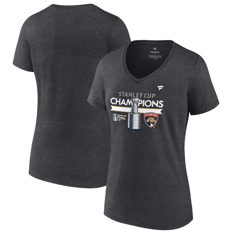Women's Florida Panthers Heather Charcoal 2024 Stanley Cup Champions Locker Room V-Neck T-Shirt