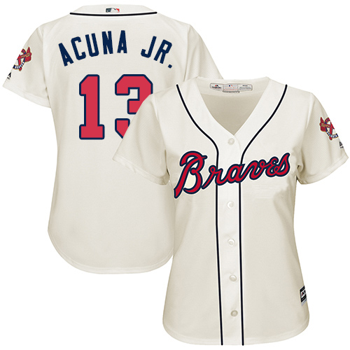 Braves #13 Ronald Acuna Jr. Cream Alternate Women's Stitched MLB Jersey Braves #13 Ronald Acuna Jr. Cream Alternate Women's Stitched MLB Jersey
